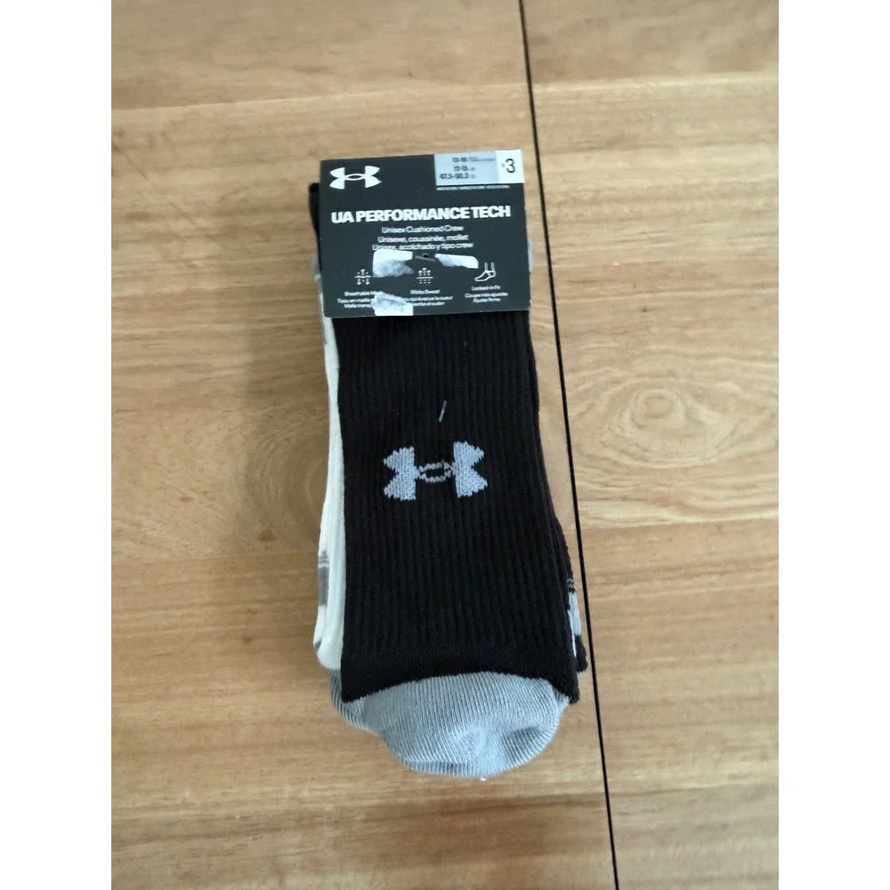 Under Armour UA Performance Tech Crew Socks 3-Pack Black White Grey XL 1378512